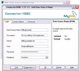 Figure 1. Windows' ODBC source admin (background) and MySQL Connector dialog configure a data source to be later used from within the spreadsheet.