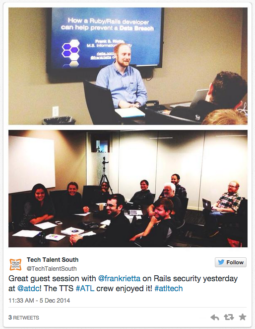 TechTalentSouth tweet about the Data Breaches class on December 4, 2014