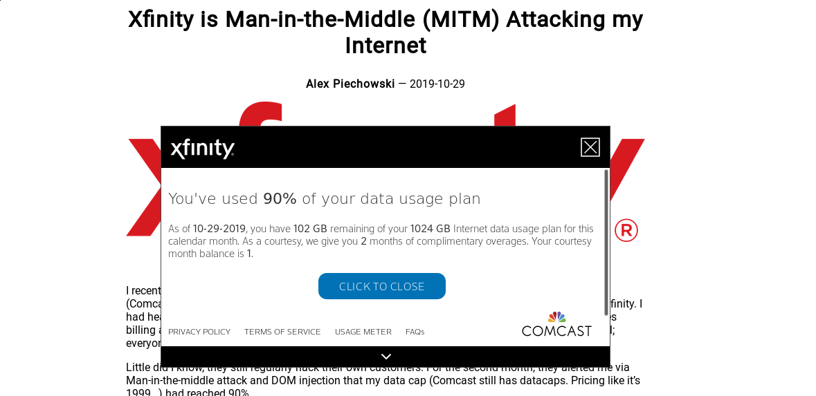 Comcast Attack Overlayed on Currently Displayed Blog Post