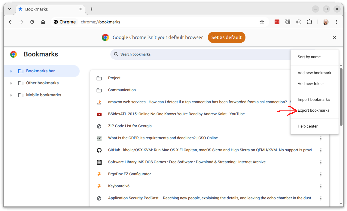 In Google Chrome, using the Bookmark Manager to export to HTML bookmark file