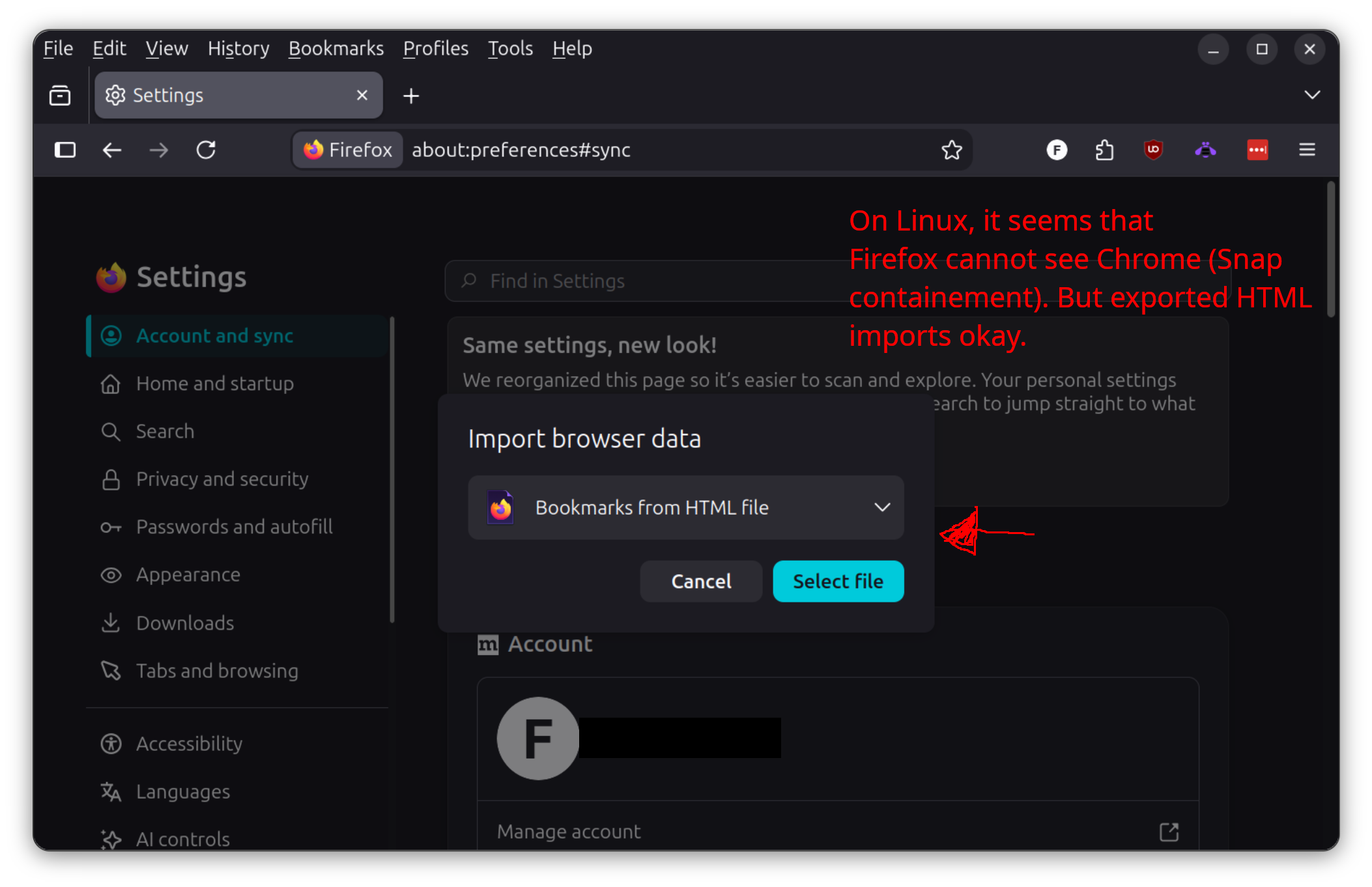 In Mozilla Firefox, importing Chrome Bookmark Data from the HTML bookmark file