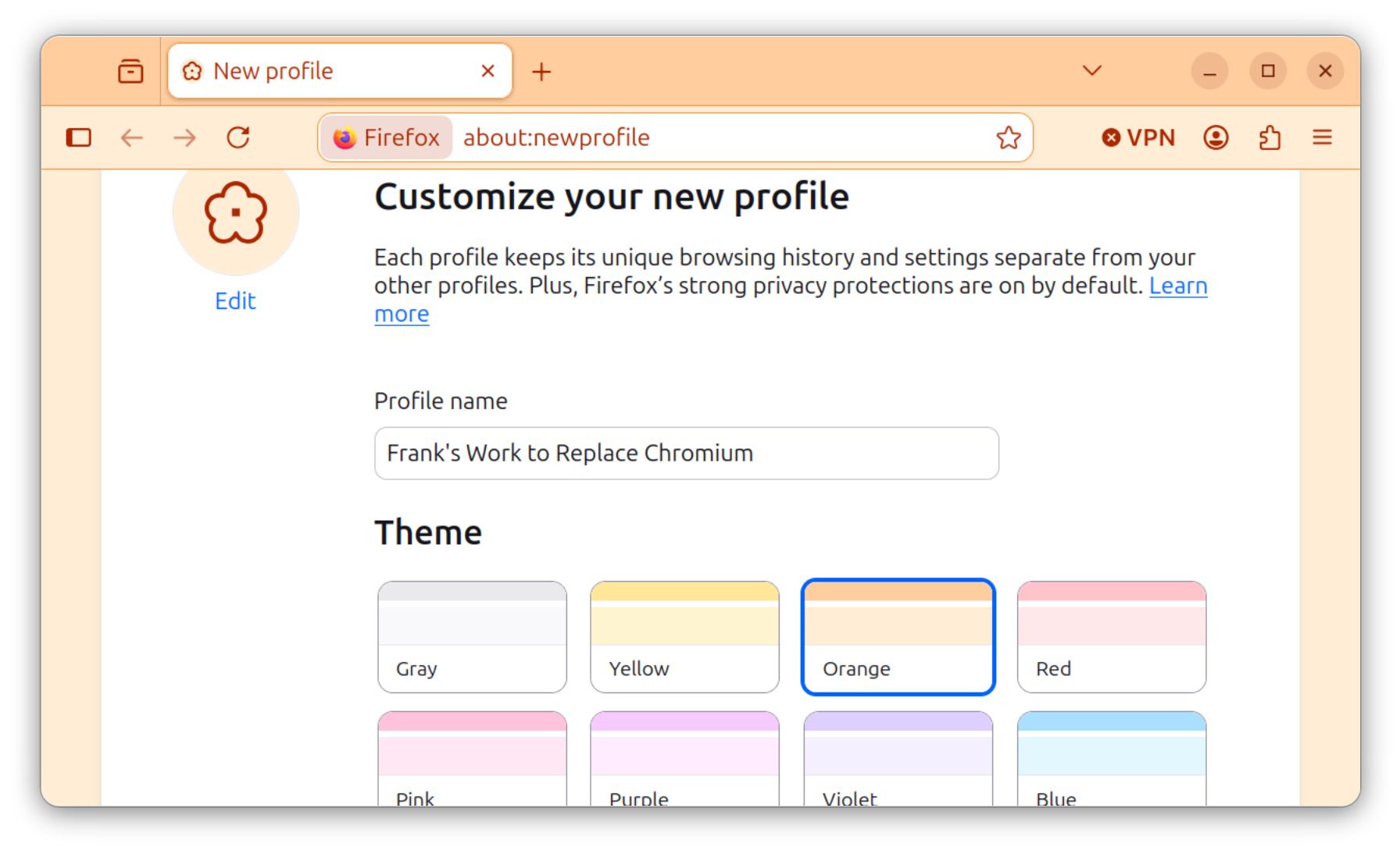 Creating a new Firefox profile named “Frank’s Work to Replace Chromium,” with its own theme color, kept completely separate from other profiles.