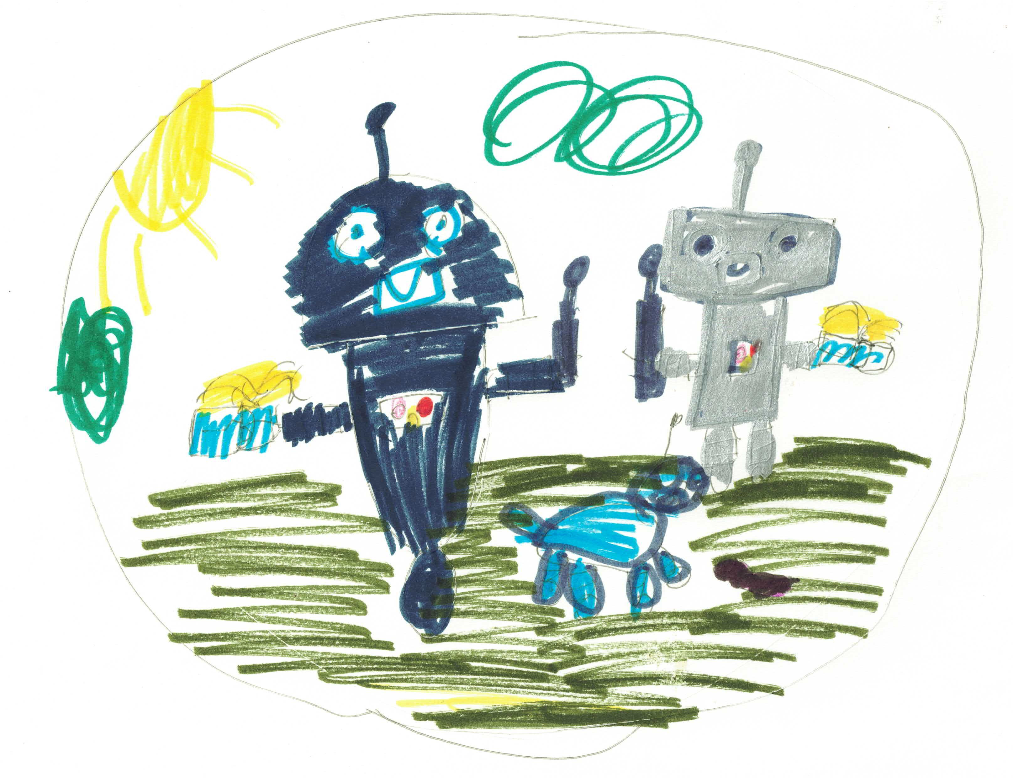 Robie, Graphie, and Tag, the Rietta AI Research Lab’s mascots, hand drawn by Evelyn.