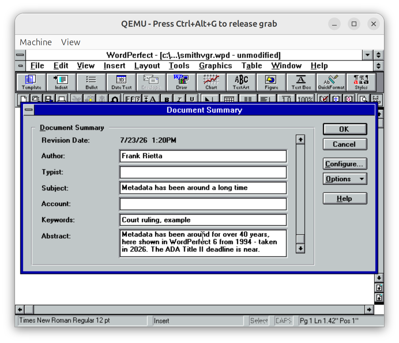 WordPerfect 6.0a (1994) in Windows 3.1, showing metadata being edited via the Document Summary dialog. Screenshot captured in a virtualized environment in July 2026.