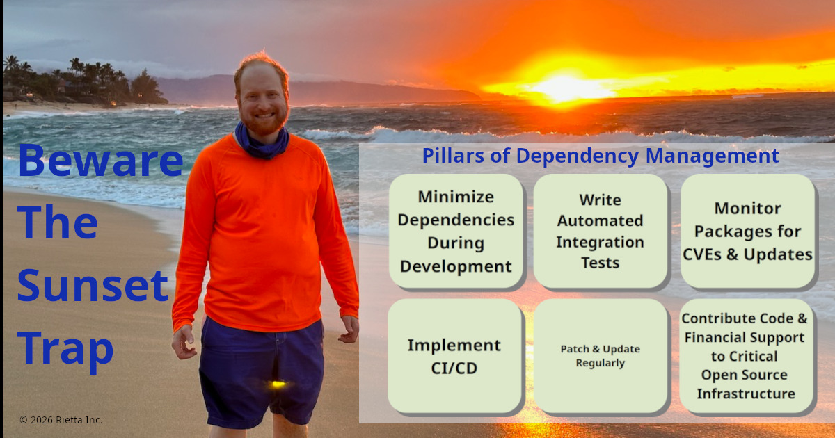 A cover image for this article with the author standing on a beach with a beautiful sunset in the background. The 6 pillars of dependency management are overlaid; covered in the text below.