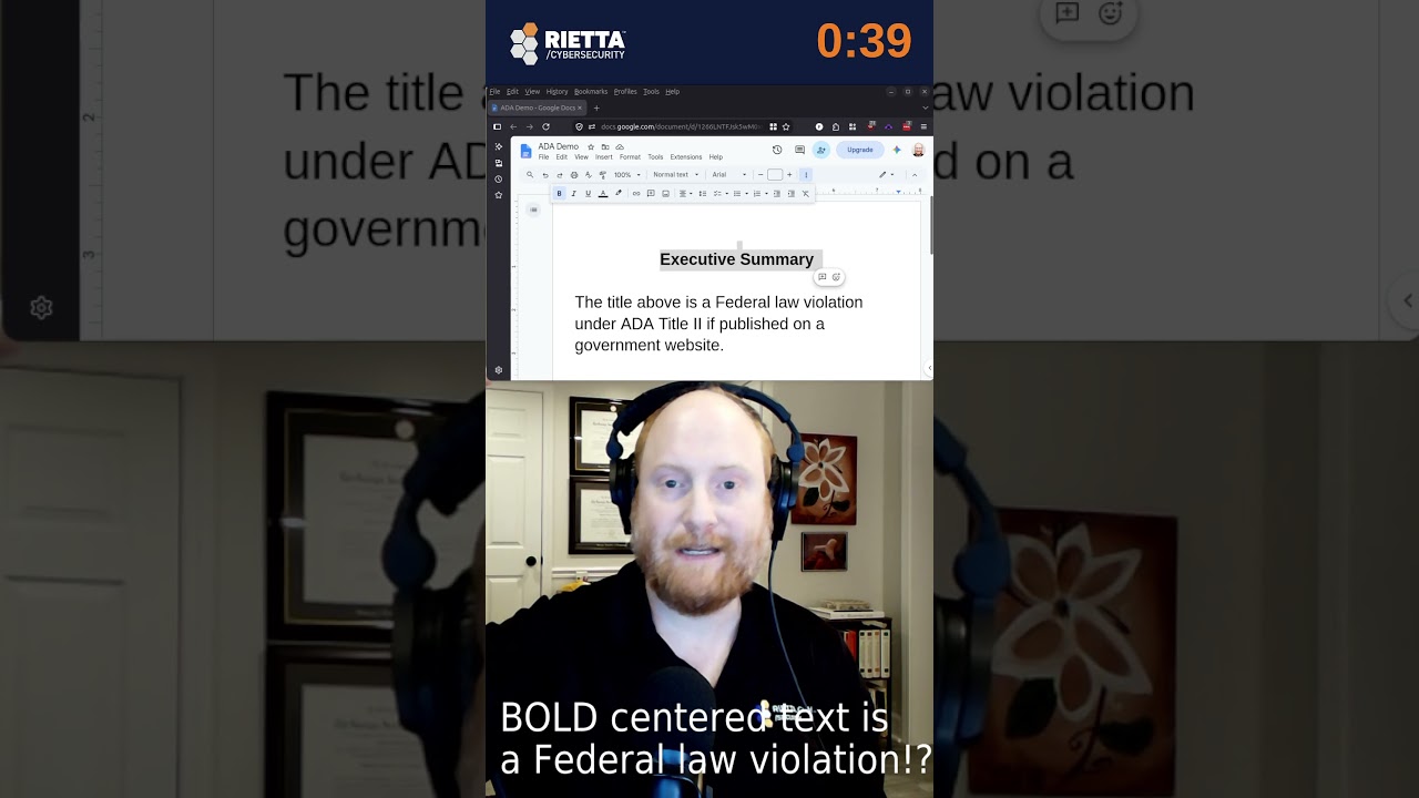 Frank Rietta at his desk below a Google Docs window where "Executive Summary" is formatted as bold, centered text, with on-screen text "BOLD centered text is a Federal law violation!?"