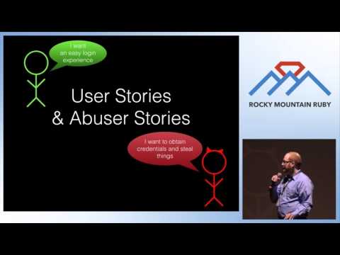 Slide titled "User Stories & Abuser Stories" with two stick figures, one wanting an easy login experience and one wanting to steal credentials, next to the Rocky Mountain Ruby logo and a photo of Frank Rietta speaking at the podium.