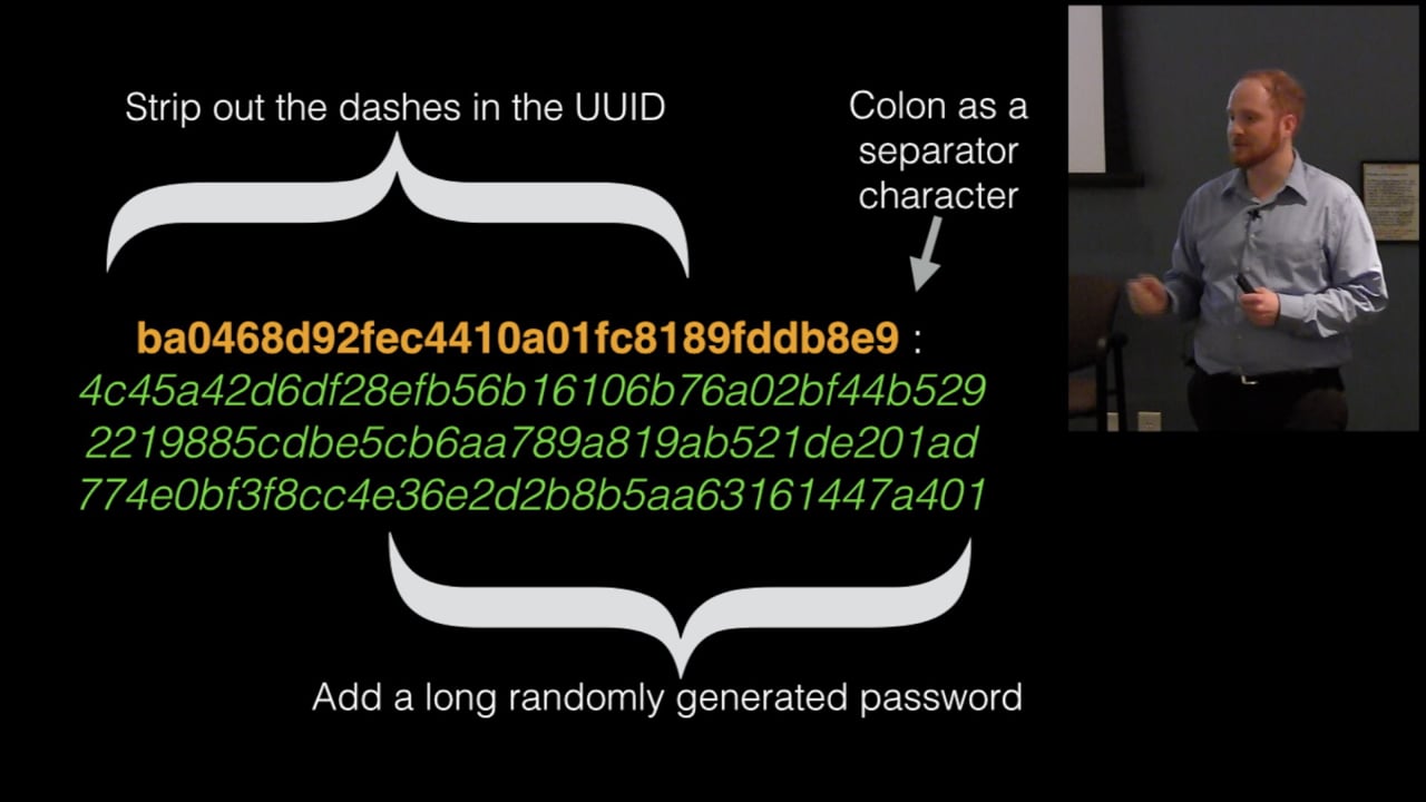 Slide showing a UUID being stripped of dashes and combined with a long randomly generated password, with a photo of Frank Rietta presenting.