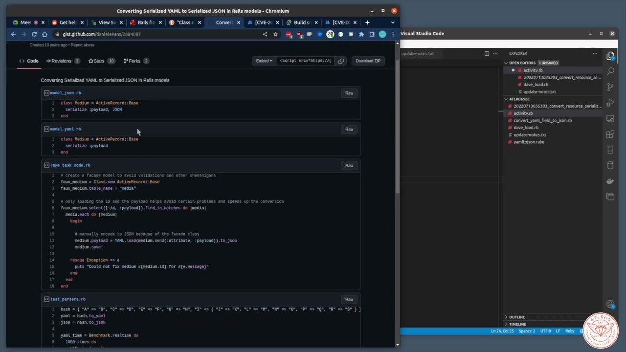 Screen recording of a browser showing a GitHub gist on converting serialized YAML to JSON in Rails models, alongside a code editor with related patch files, watermarked with the ATLRUG logo.