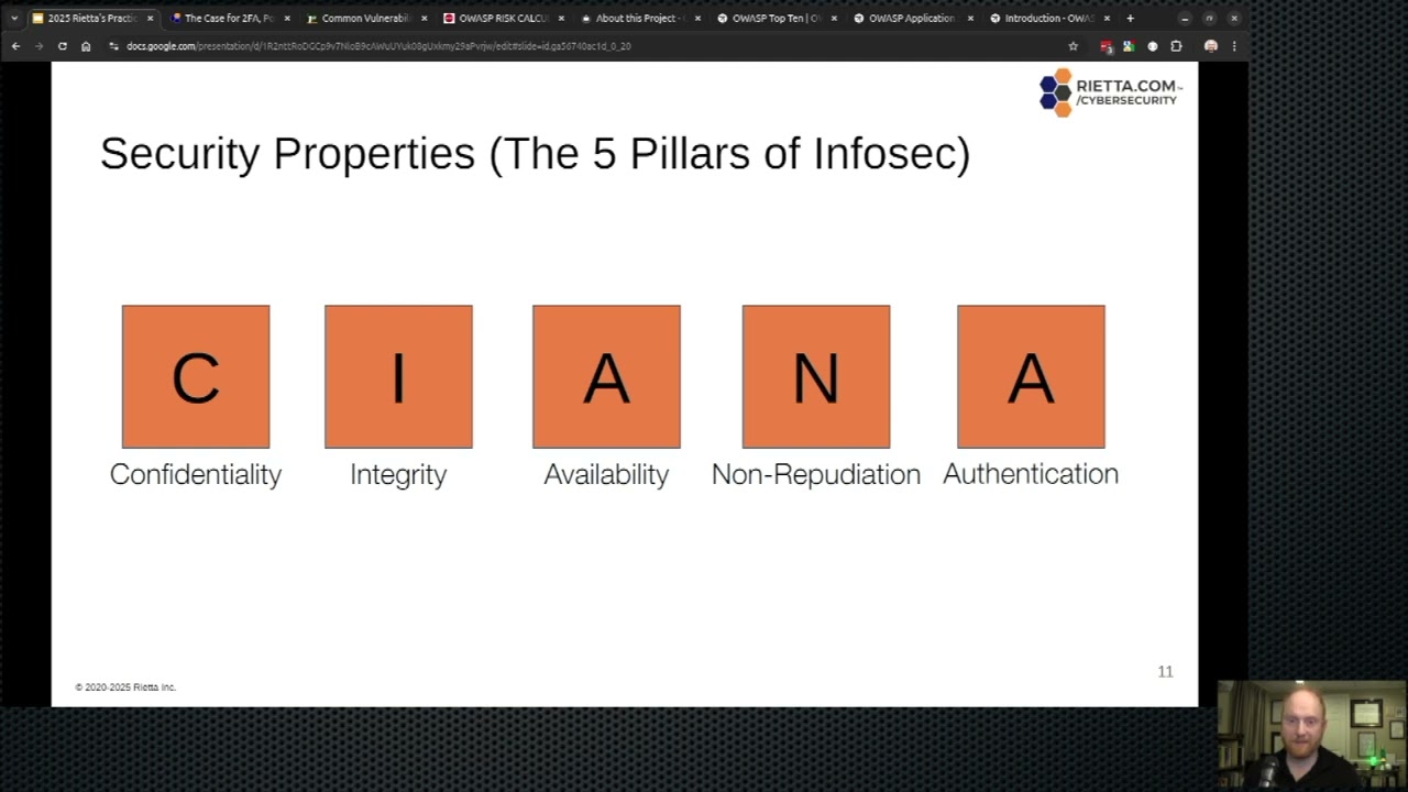 Presentation slide titled "Security Properties (The 5 Pillars of Infosec)" showing five tiles labeled C, I, A, N, A for Confidentiality, Integrity, Availability, Non-Repudiation, and Authentication, with Frank Rietta presenting in a webcam window.