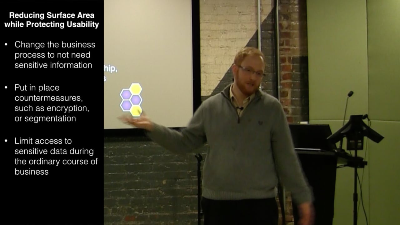 Frank Rietta presenting beside a slide titled "Reducing Surface Area while Protecting Usability," listing bullet points on changing the business process, countermeasures, and limiting access.