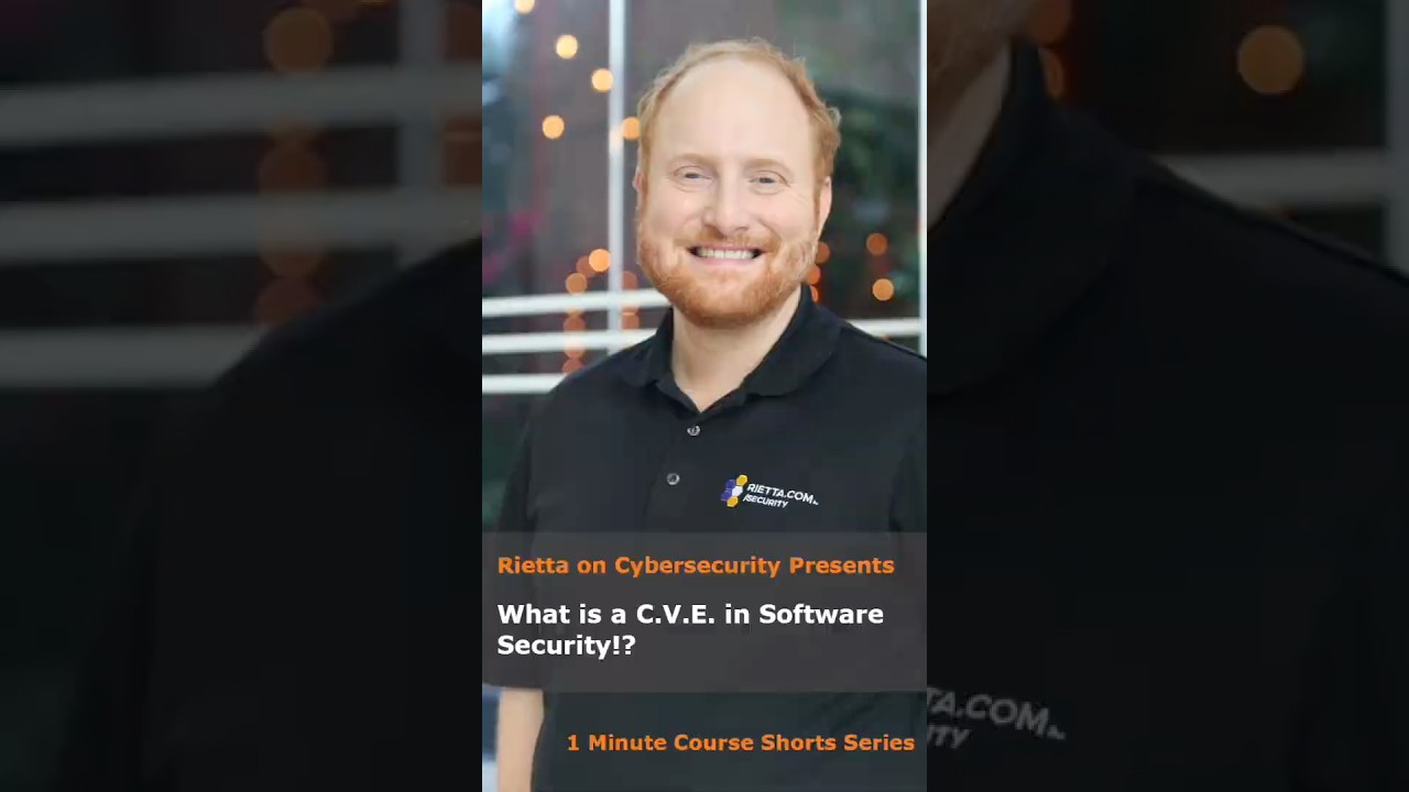 Frank Rietta smiling in a Rietta.com Cybersecurity polo shirt, with title text "Rietta on Cybersecurity Presents: What is a C.V.E. in Software Security!?"