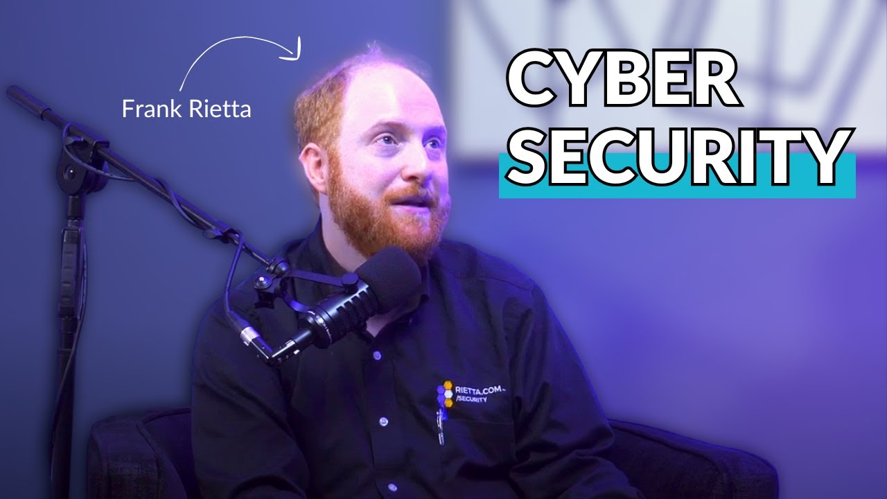 Frank Rietta speaking into a podcast microphone, labeled with an arrow reading "Frank Rietta," next to bold text reading "CYBER SECURITY."